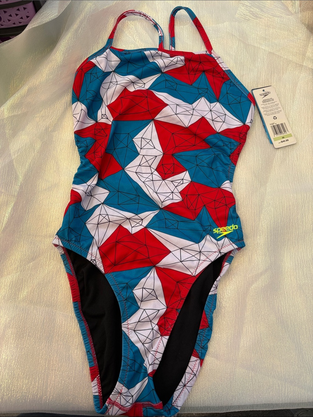 Speedo Girls' Red Blue White Geometric Print One-Piece Swimsuit